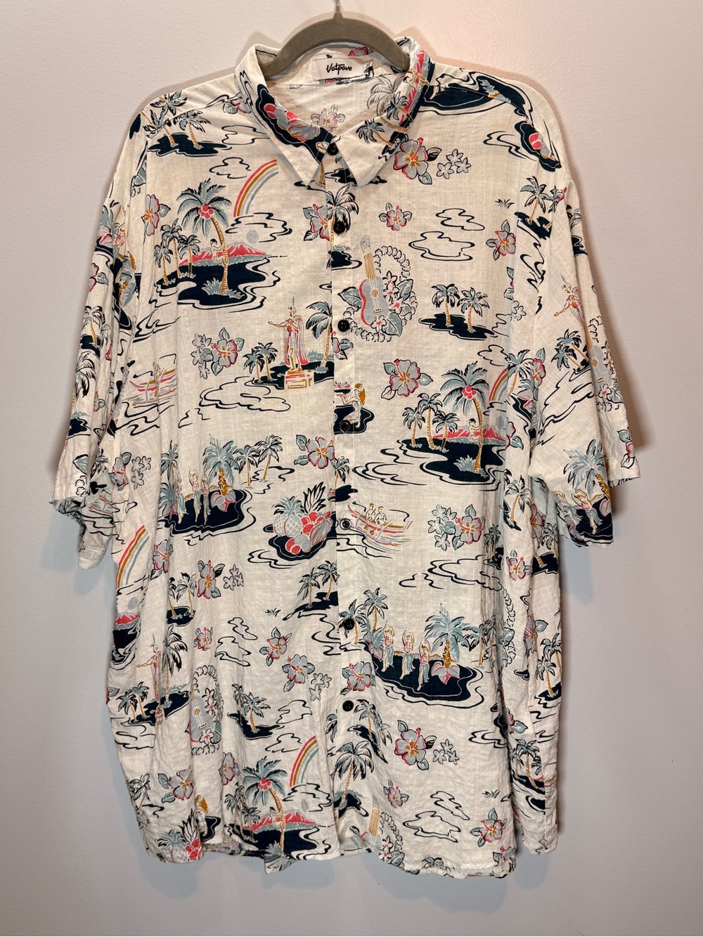 Vibrant White Island-Print Casual Button-Down Shirt by Viyame